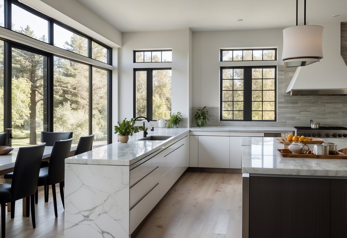 A spacious, modern kitchen with white cabinets, marble countertops, and stainless steel appliances. Large windows flood the room with natural light, illuminating the sleek, minimalist design