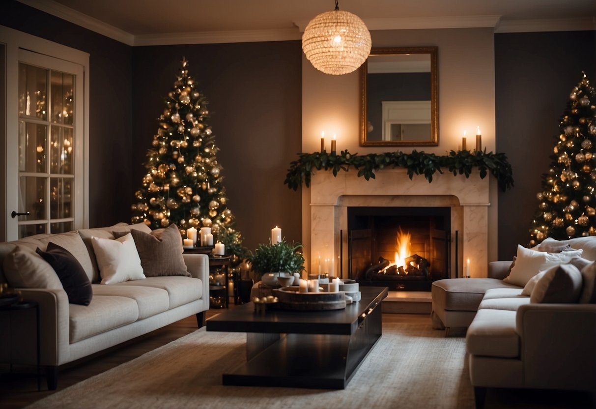 Cozy bedroom with a grand fireplace, adorned with elegant mantel, surrounded by comfortable seating and warm lighting