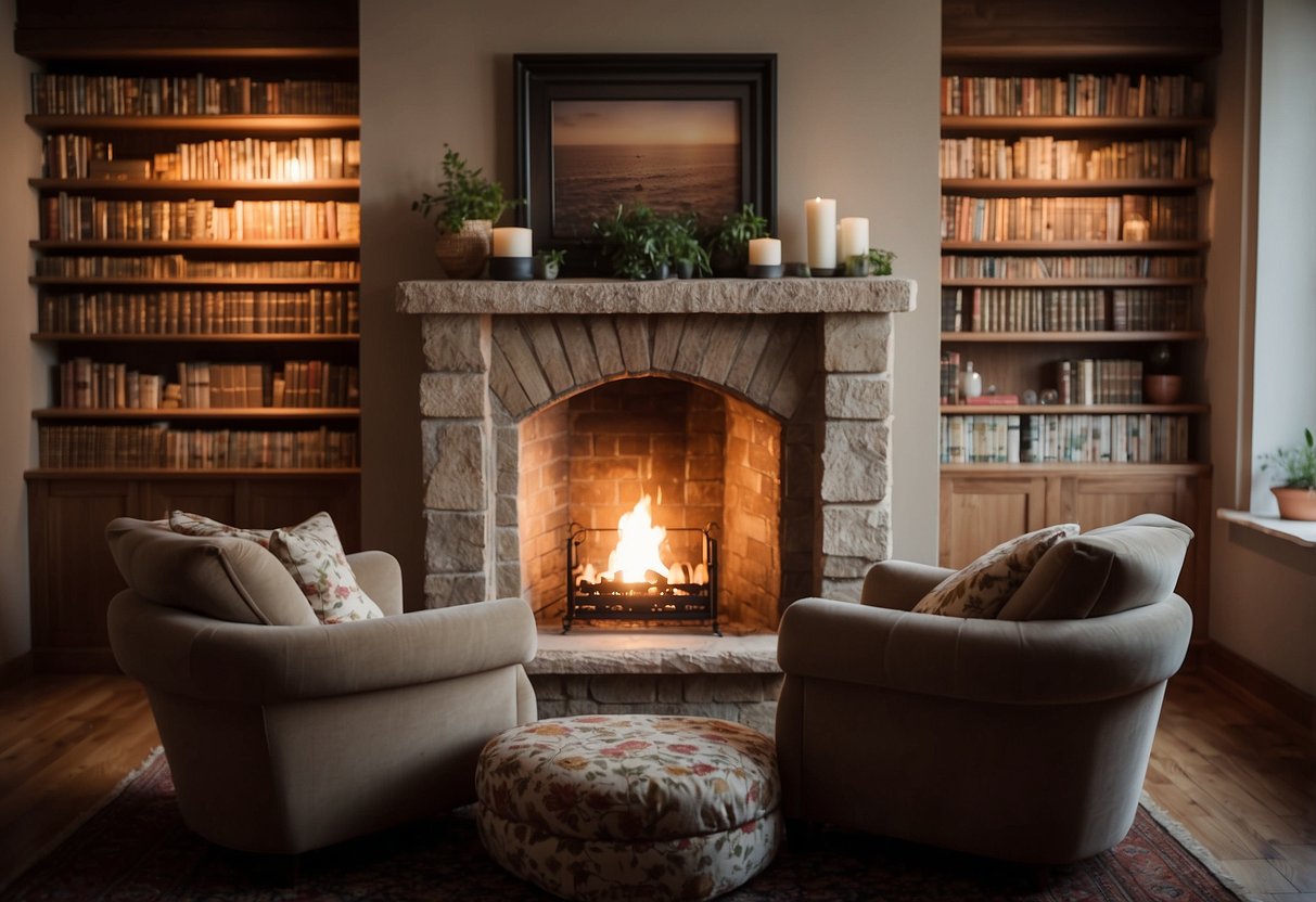 A rustic stone mantel with a crackling fire, surrounded by cozy armchairs and bookshelves, creating a warm and inviting atmosphere