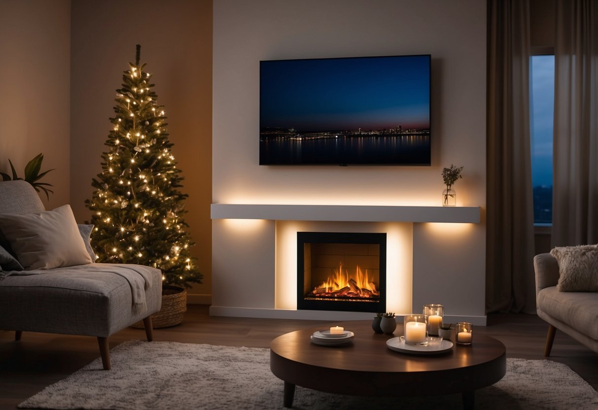 A warm electric fireplace glows in a cozy bedroom, surrounded by plush bedding and soft lighting