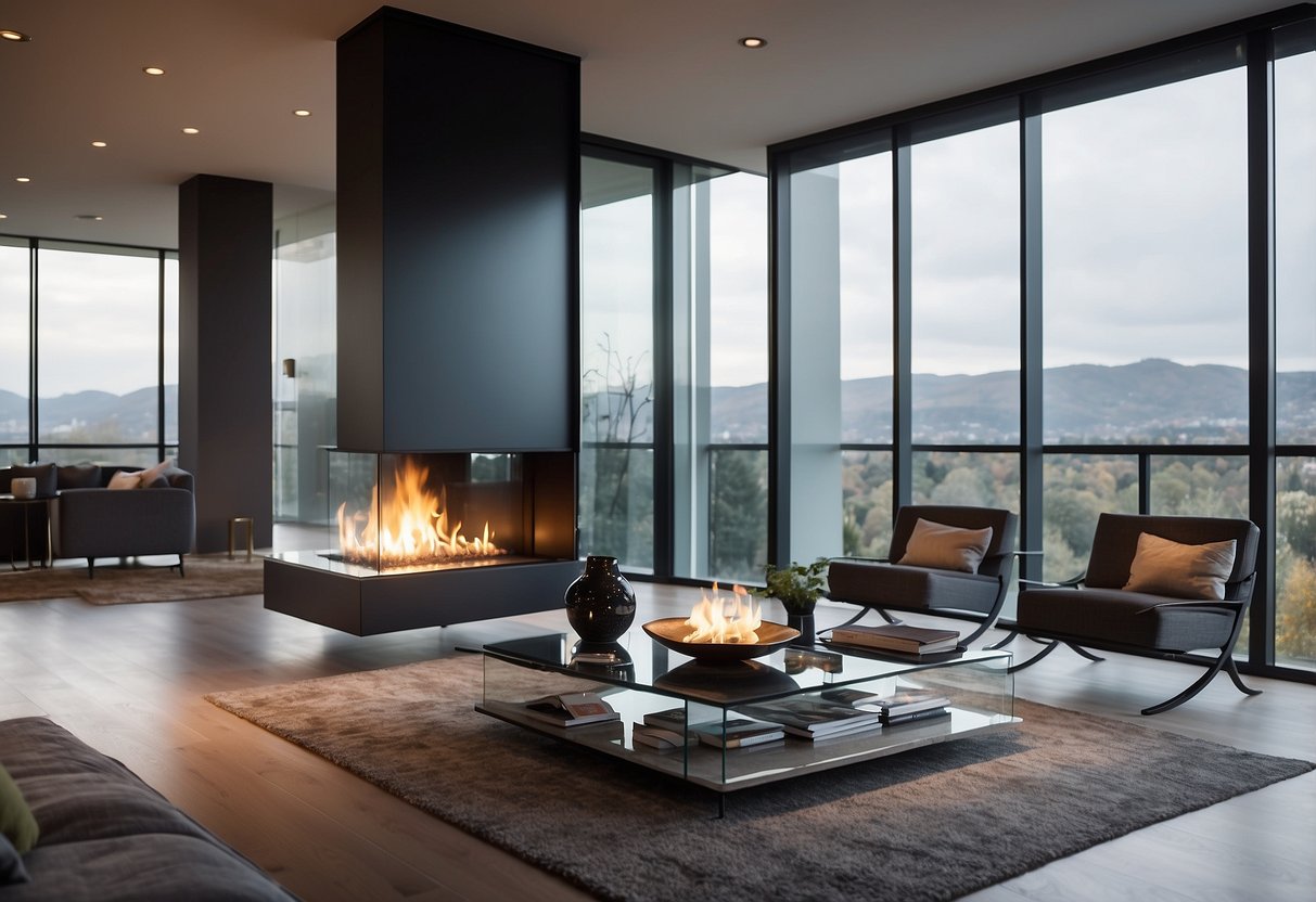 A spacious, modern bedroom with floor-to-ceiling glass walls showcasing a sleek fireplace as the focal point