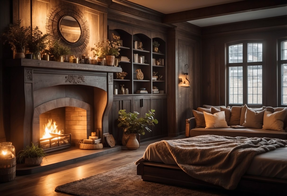 A cozy, rustic bedroom with a grand fireplace adorned with intricate vintage wood carvings. Rich, warm tones and soft lighting create a welcoming atmosphere