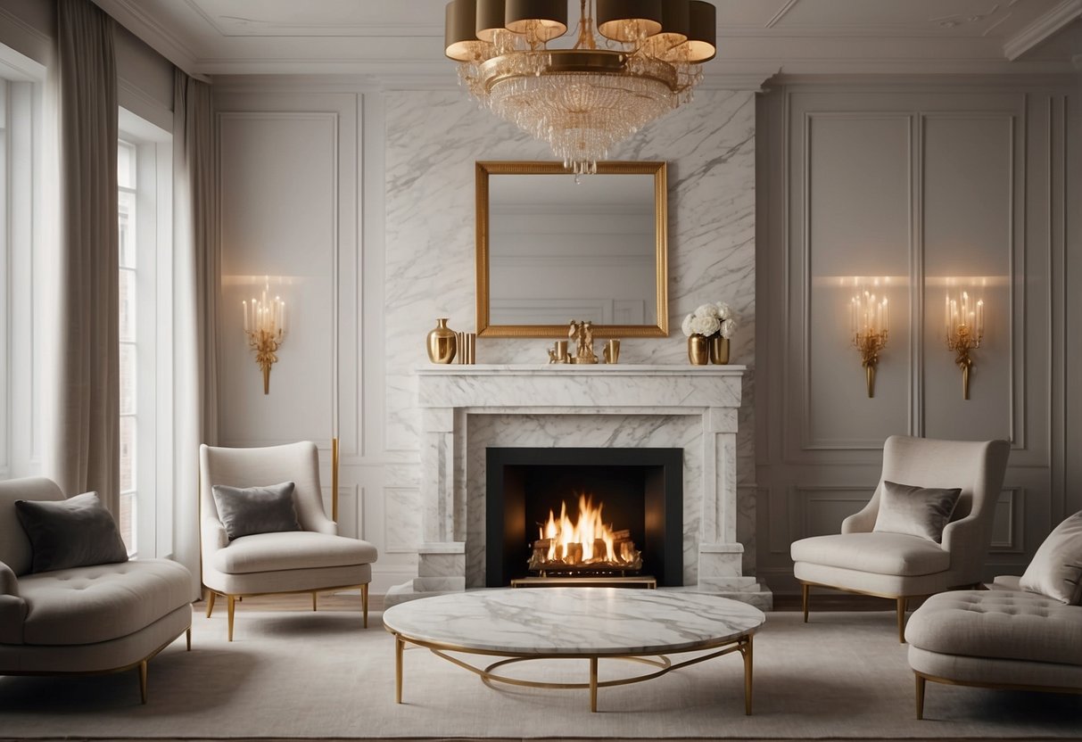 A grand marble fireplace stands in a luxurious 10-bedroom room, exuding elegance and opulence. The chic finish adds a touch of sophistication to the space