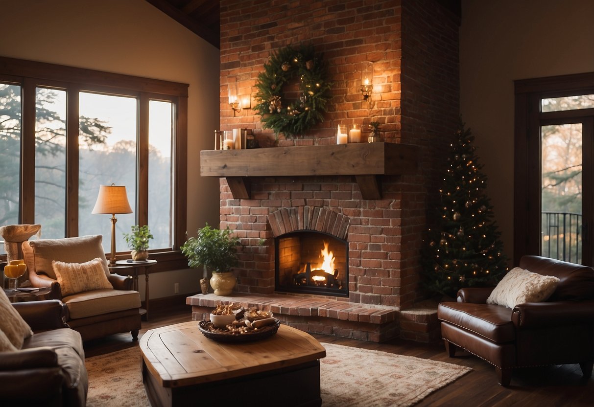 A grand brick hearth stands tall, flanked by 10 cozy bedrooms. The crackling fireplace radiates warmth, inviting all to gather around its comforting glow