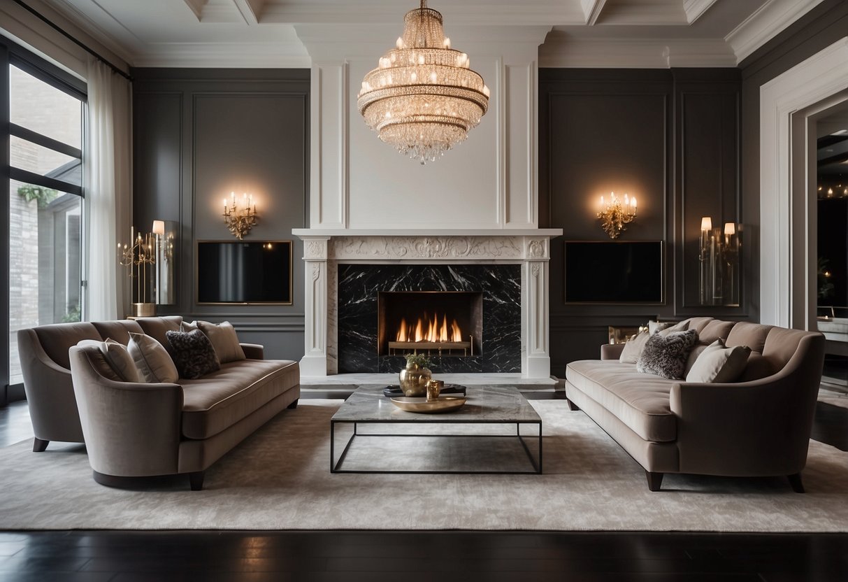 A grand, modern gas fireplace surrounded by opulent decor in a spacious, luxurious 10-bedroom mansion