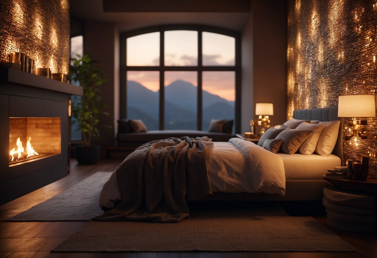 A cozy bedroom with a grand fireplace adorned with intricate mosaic patterns. Warm light flickers, casting a comforting glow on the surrounding space