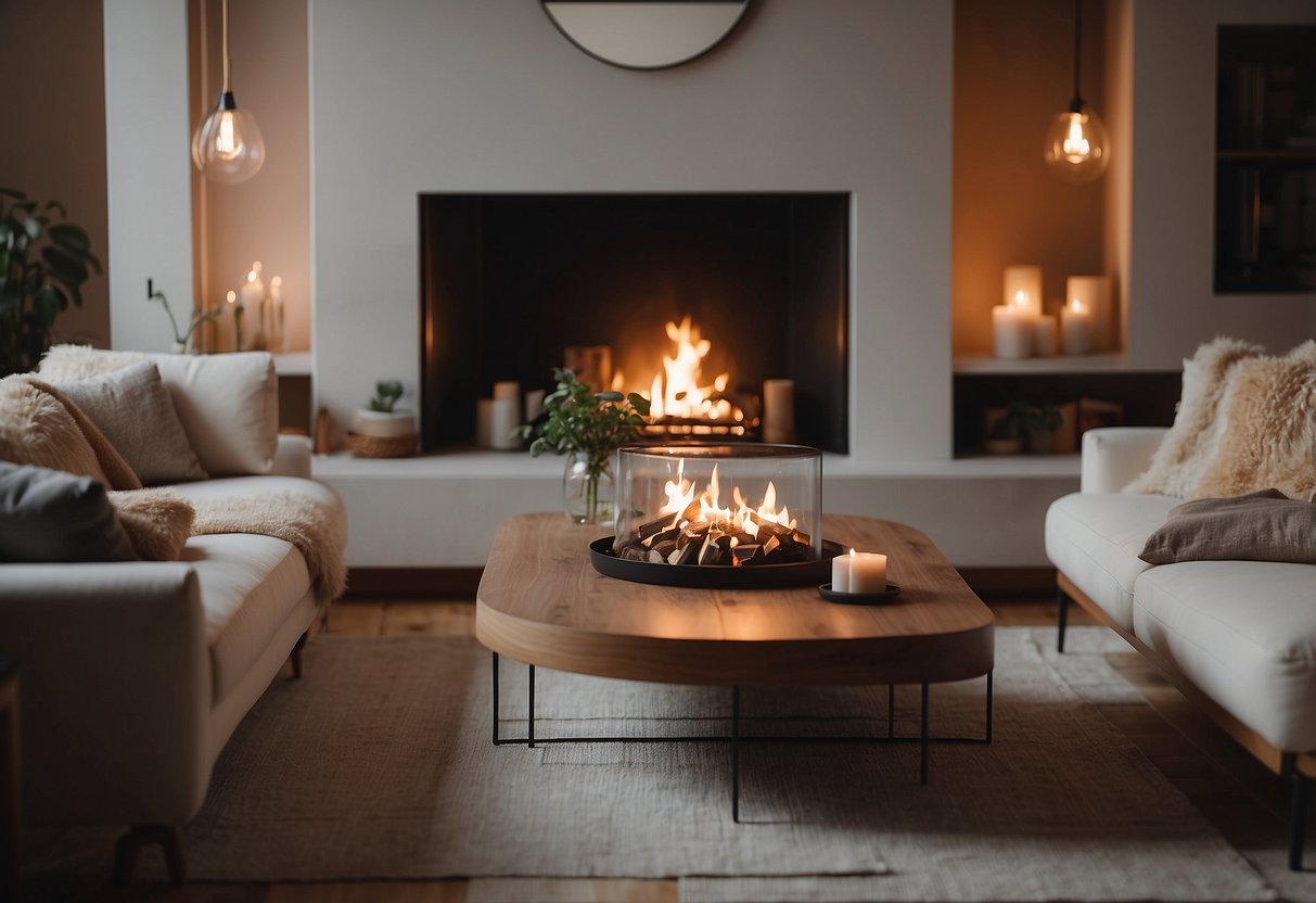 A cozy fireplace in a spacious living room, surrounded by comfortable seating and elegant decor. The warm glow of the fire creates a welcoming atmosphere for gatherings and relaxation