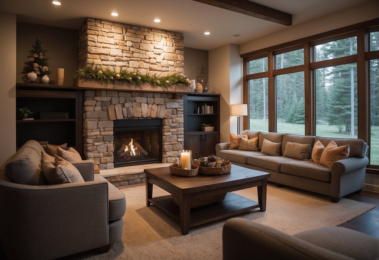 A cozy living room with a stone fireplace, surrounded by comfortable seating and warm lighting. A mantel displays decorative items, and a fire screen adds a safety touch