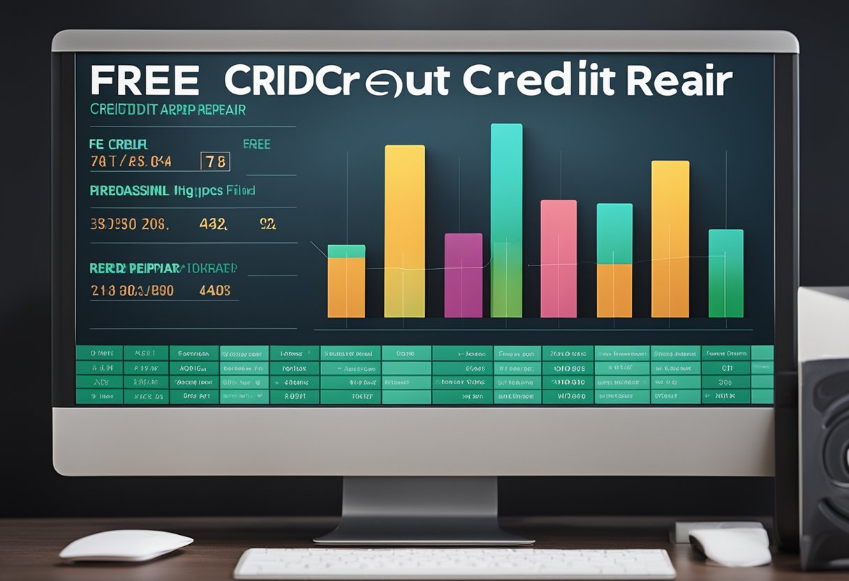 A computer screen displays "free ai credit repair" with a progress bar filling up. A graph shows credit score improvement