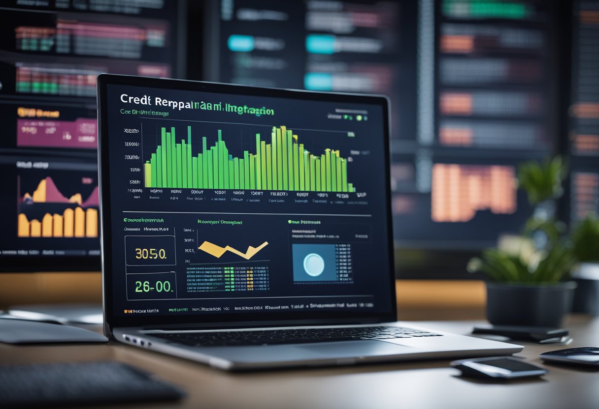 A computer screen displays "Credit Repair and AI Integration" with AI algorithms analyzing credit reports. Graphs and data visualizations show progress