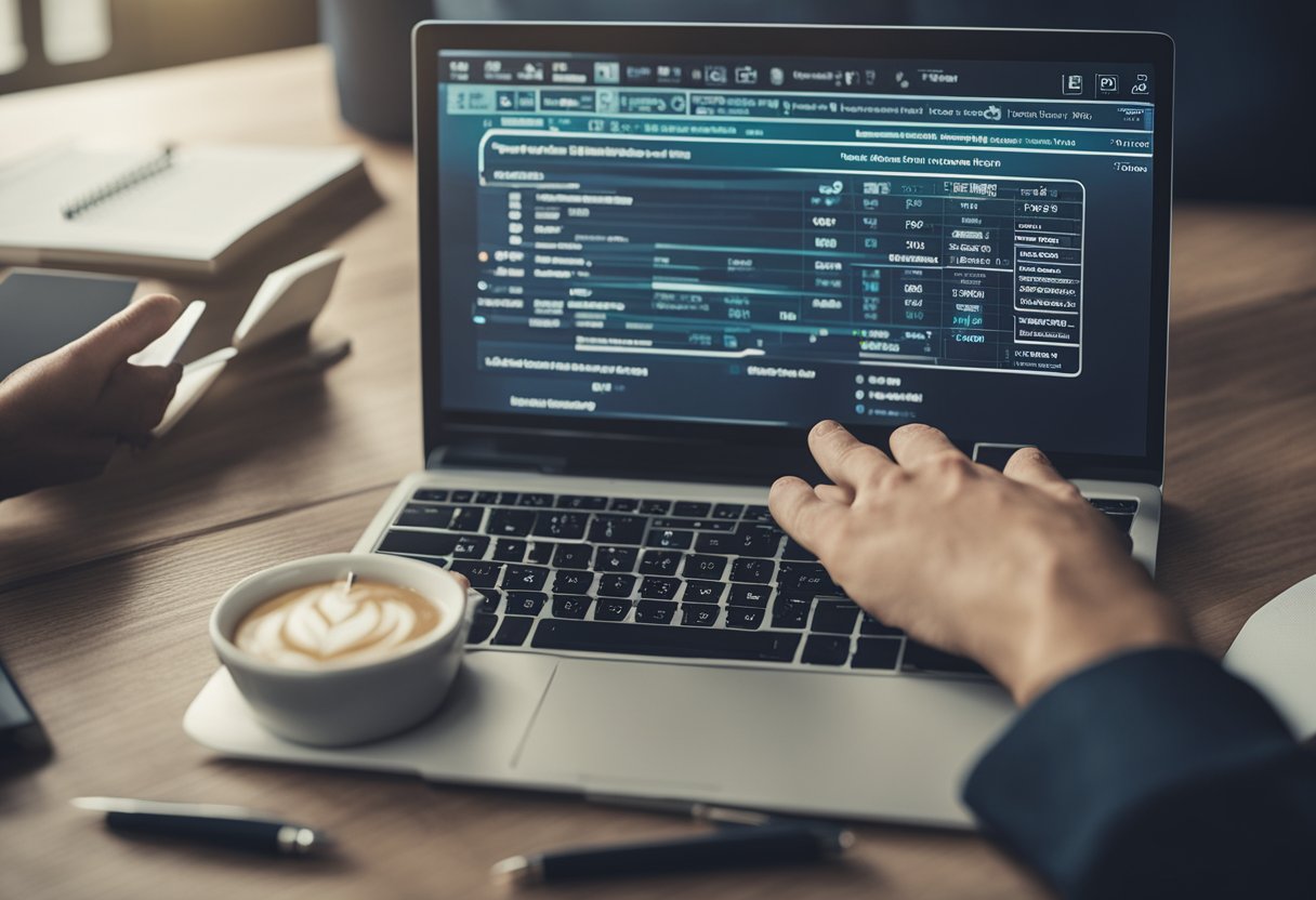 A computer screen displays a step-by-step guide for DIY AI credit repair. A hand reaches for a pen and notebook to take notes