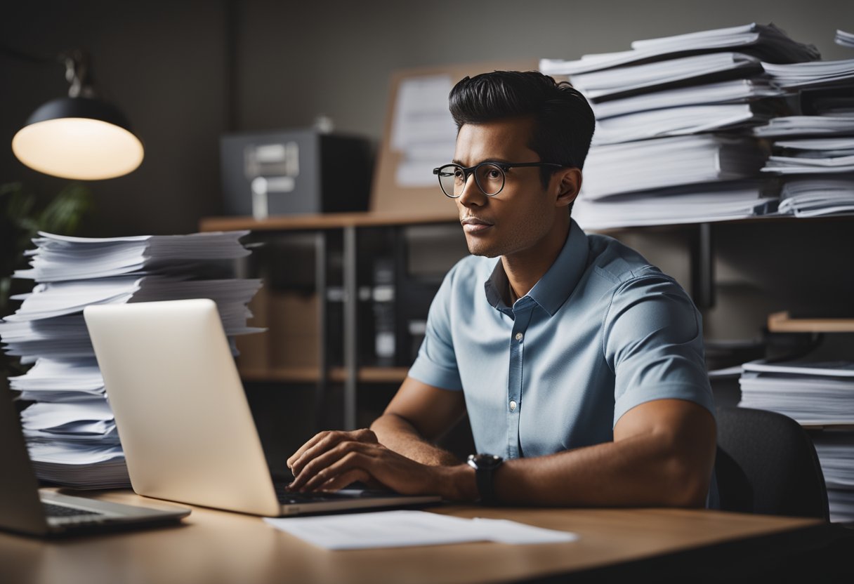 A person sits at a computer, surrounded by paperwork and credit reports. They are engaged in navigating credit bureaus and dispute processes, with a determined expression on their face