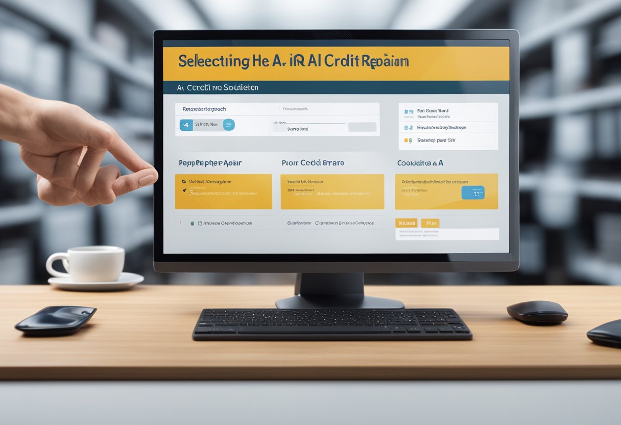 A hand hovering over a selection of AI credit repair solutions, with a computer screen displaying "Selecting the Right AI Credit Repair Solution" in the background