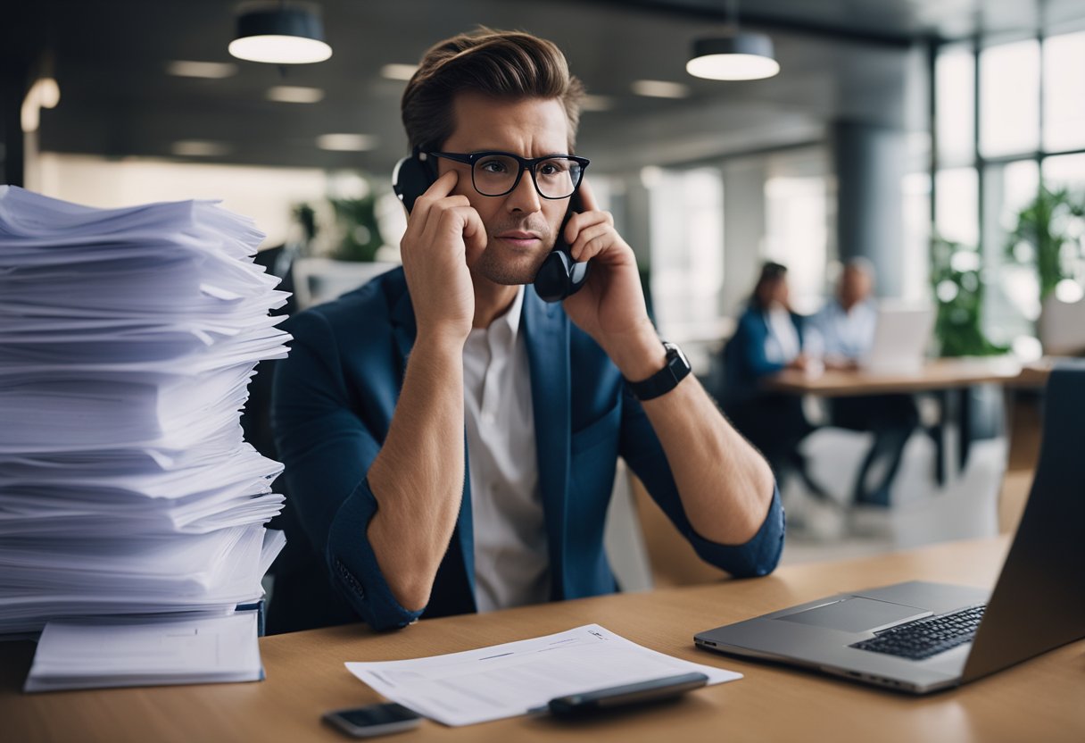 A person disputing credit charges with a customer service representative over the phone, while holding a stack of paperwork and looking frustrated