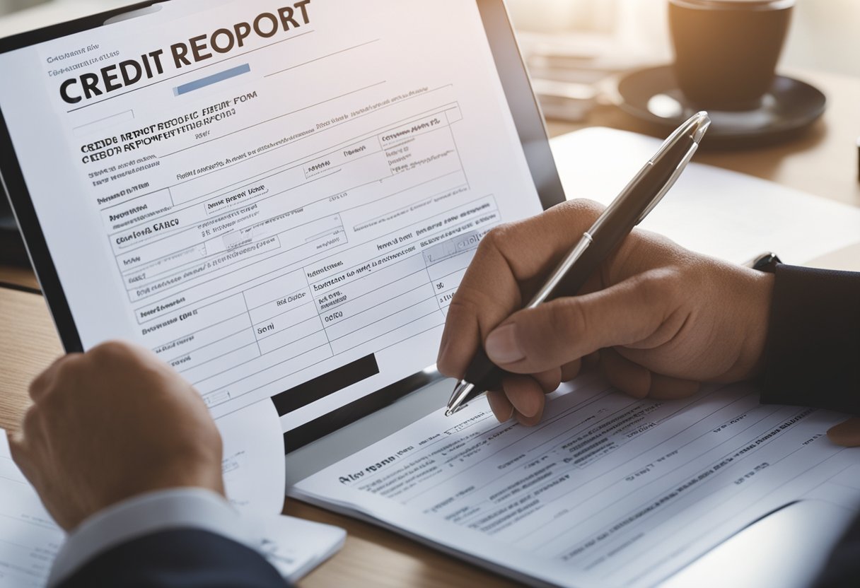 A customer reviewing credit report, circling errors, calling bank, submitting dispute form