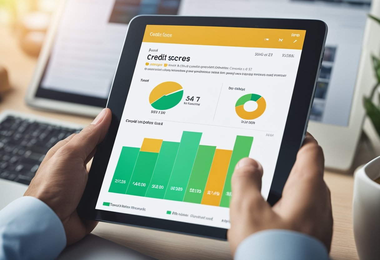 A computer screen displays a graph showing the increase in credit scores due to AI credit dispute technology. A hand holds a smartphone with a credit repair app open