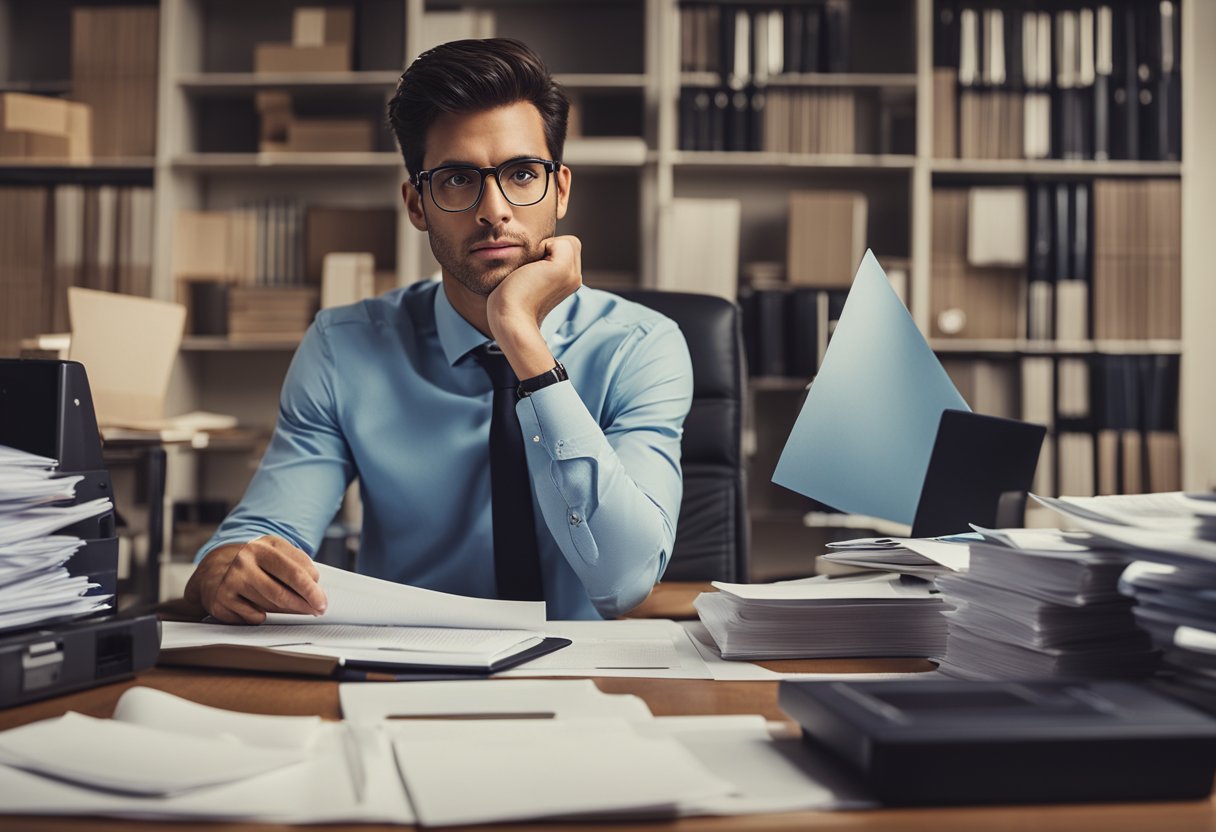 A person sitting at a desk, surrounded by paperwork and a computer, with a determined expression while working on credit dispute resolutions