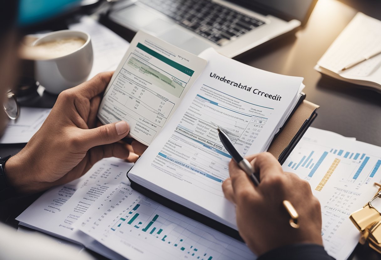 A person studying a book titled "Understanding Credit and Credit Repair Fundamentals" with a notebook and pen, surrounded by financial documents and charts