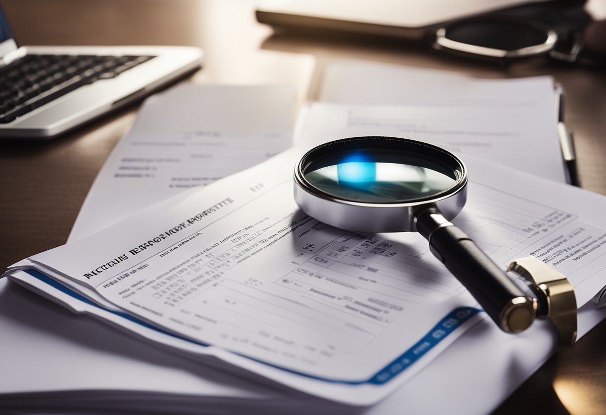 A person reviewing a stack of credit reports with a magnifying glass, highlighting errors and taking notes on a notepad