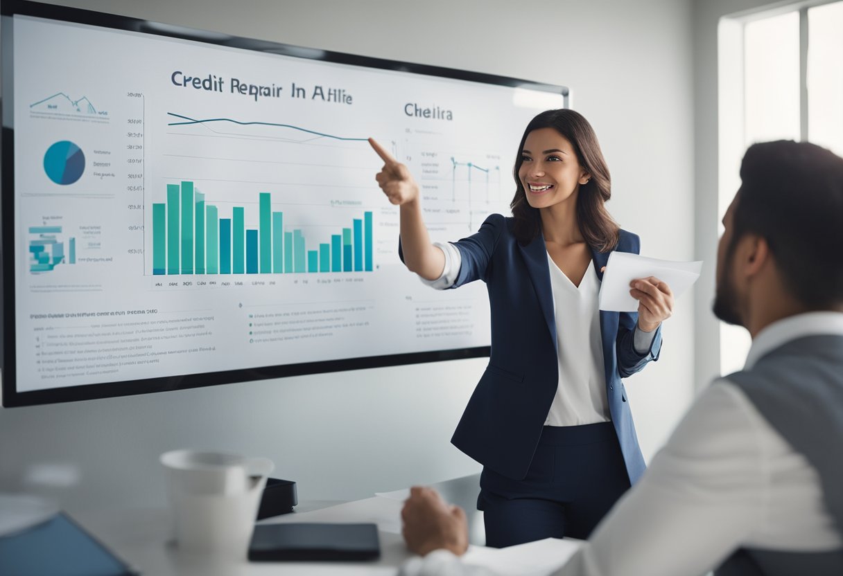 A person pointing to a chart showing steps for credit repair, while another listens attentively. A third person takes notes on a whiteboard