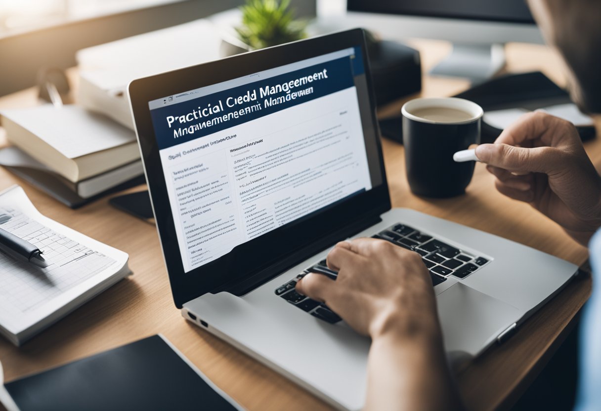 A person studying a book titled "Practical Credit Management" with a computer and notes on a desk