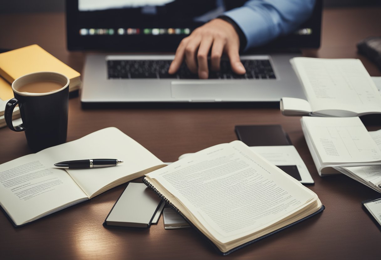 A person studying a book on credit repair, with a computer and notes on a desk