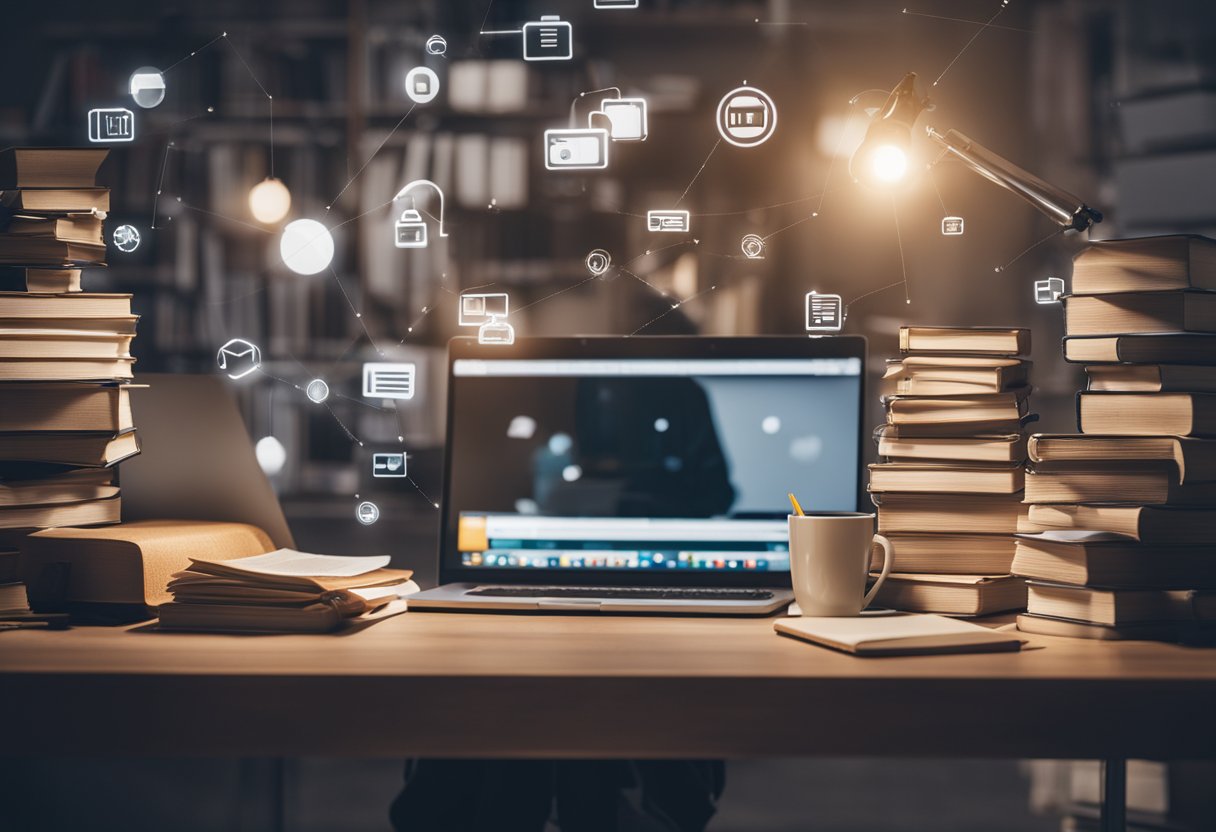 A person sitting at a desk with a computer, surrounded by books and papers, researching credit repair methods online