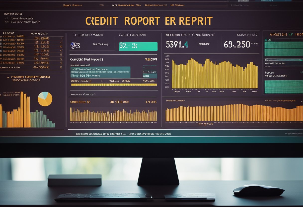 A computer screen displays a credit report with a score. A smart dispute AI program runs in the background, analyzing and repairing credit issues