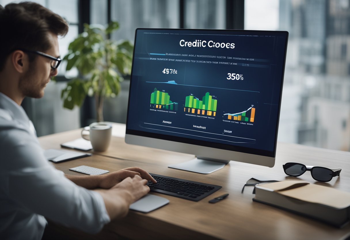 A person using AI to repair credit scores, with a computer screen showing data analysis and improvement