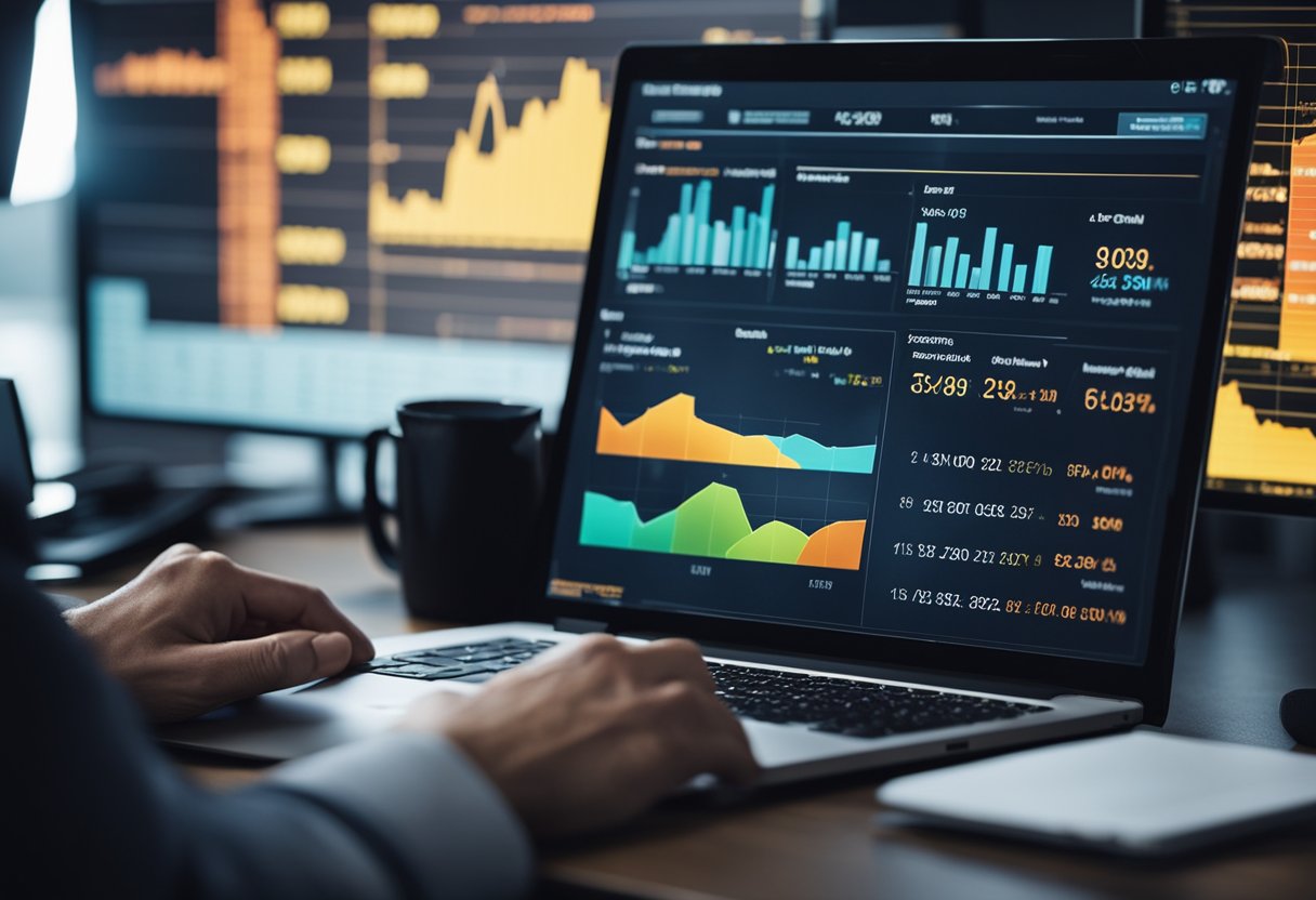 A computer screen displays a credit score and report being analyzed by an AI program, with graphs and data visualizations