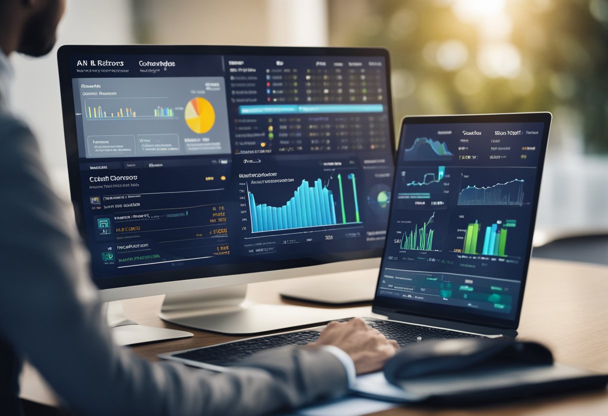 AI software scans and corrects credit errors, resolving disputes. Visualize a digital interface displaying credit reports and algorithms at work