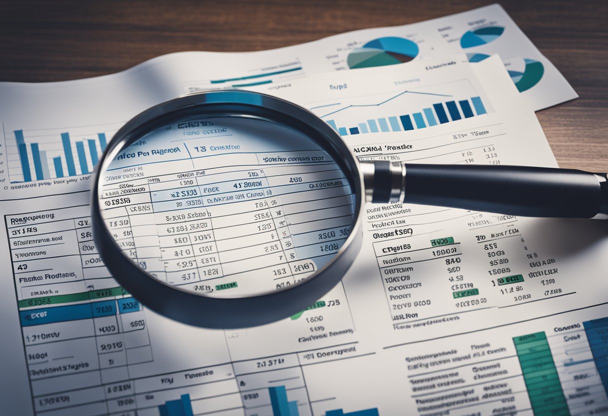 A person reviewing a stack of credit reports with a magnifying glass, surrounded by charts and graphs