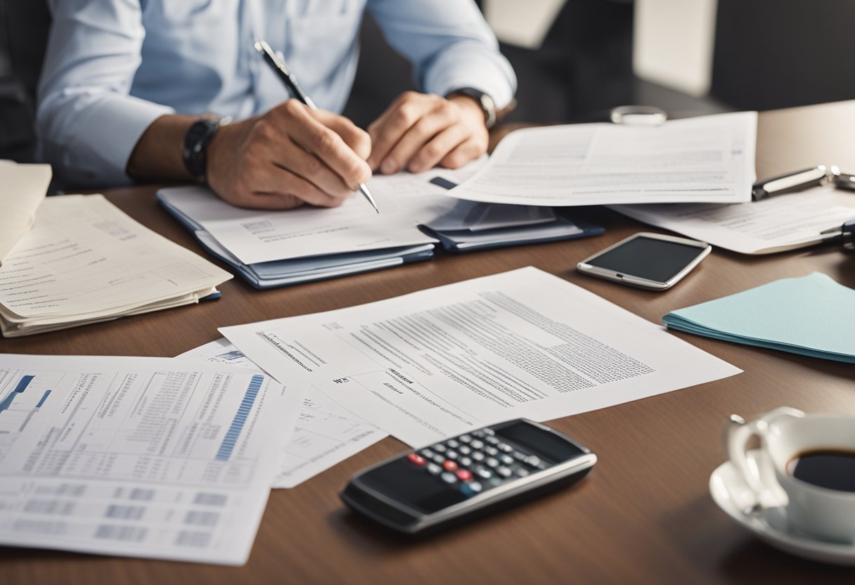 A person sitting at a desk, examining a credit report with a concerned expression. Papers and a pen are scattered around, indicating a thorough analysis