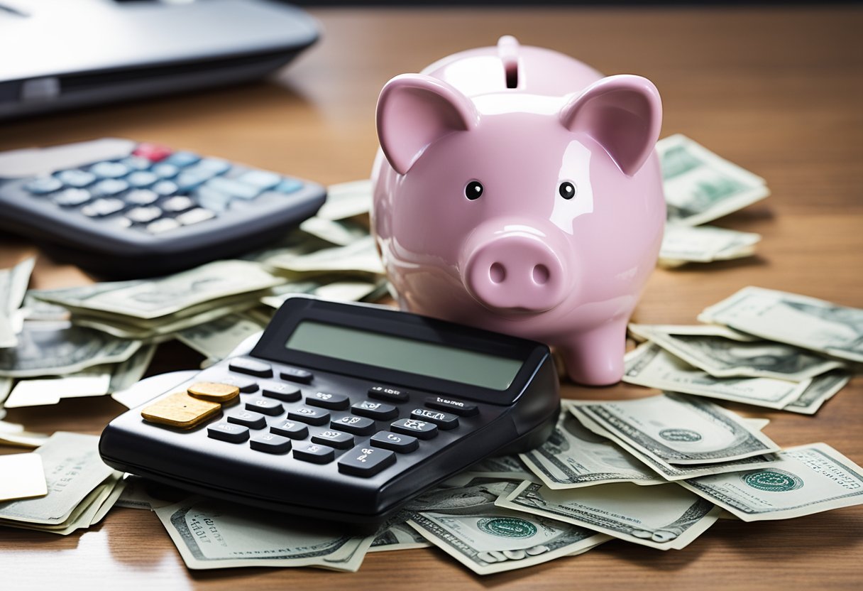 A broken piggy bank surrounded by credit card bills and a calculator, symbolizing the costs and considerations of credit repair