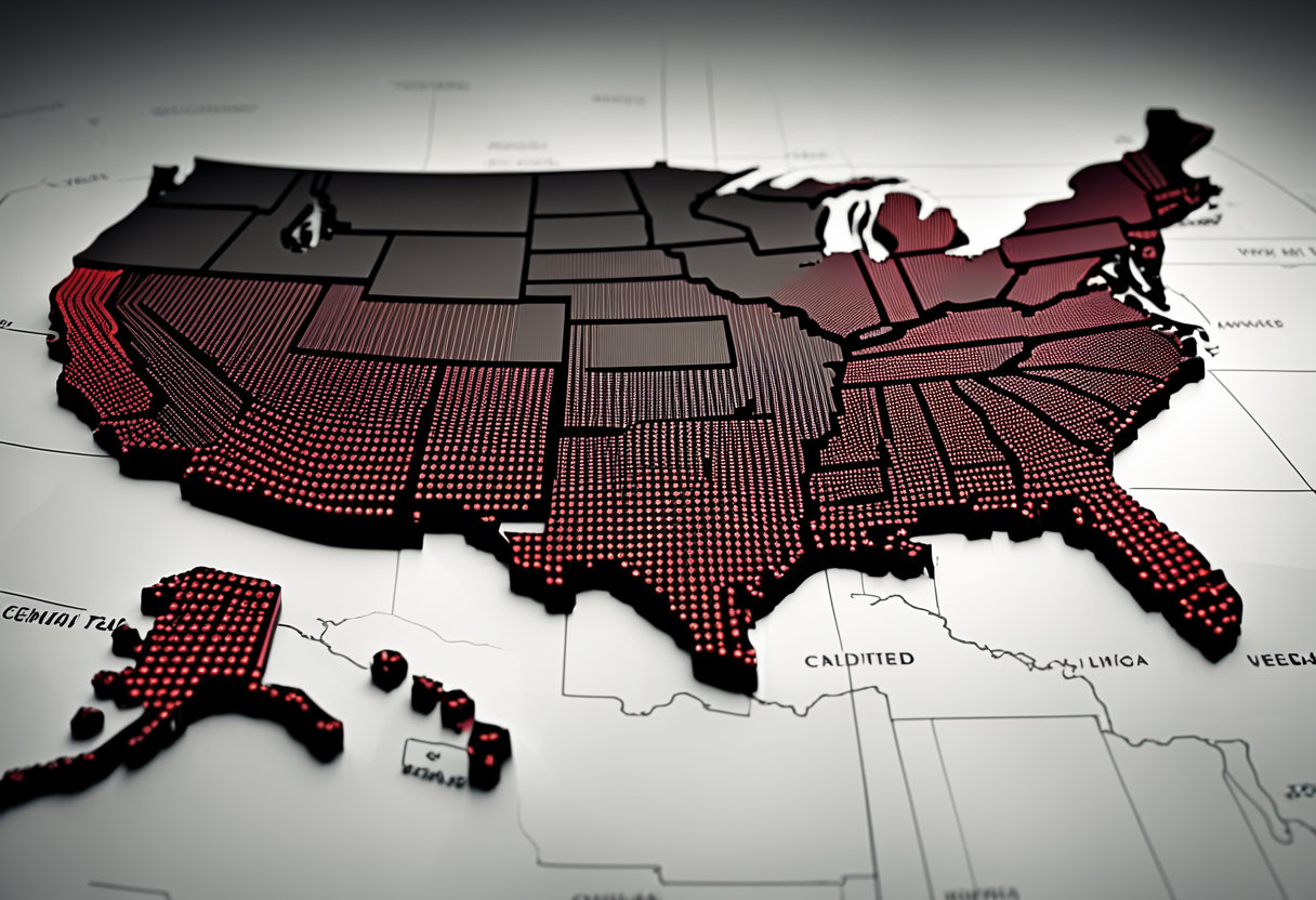 A map of the United States with certain states highlighted in red, representing where credit repair is illegal