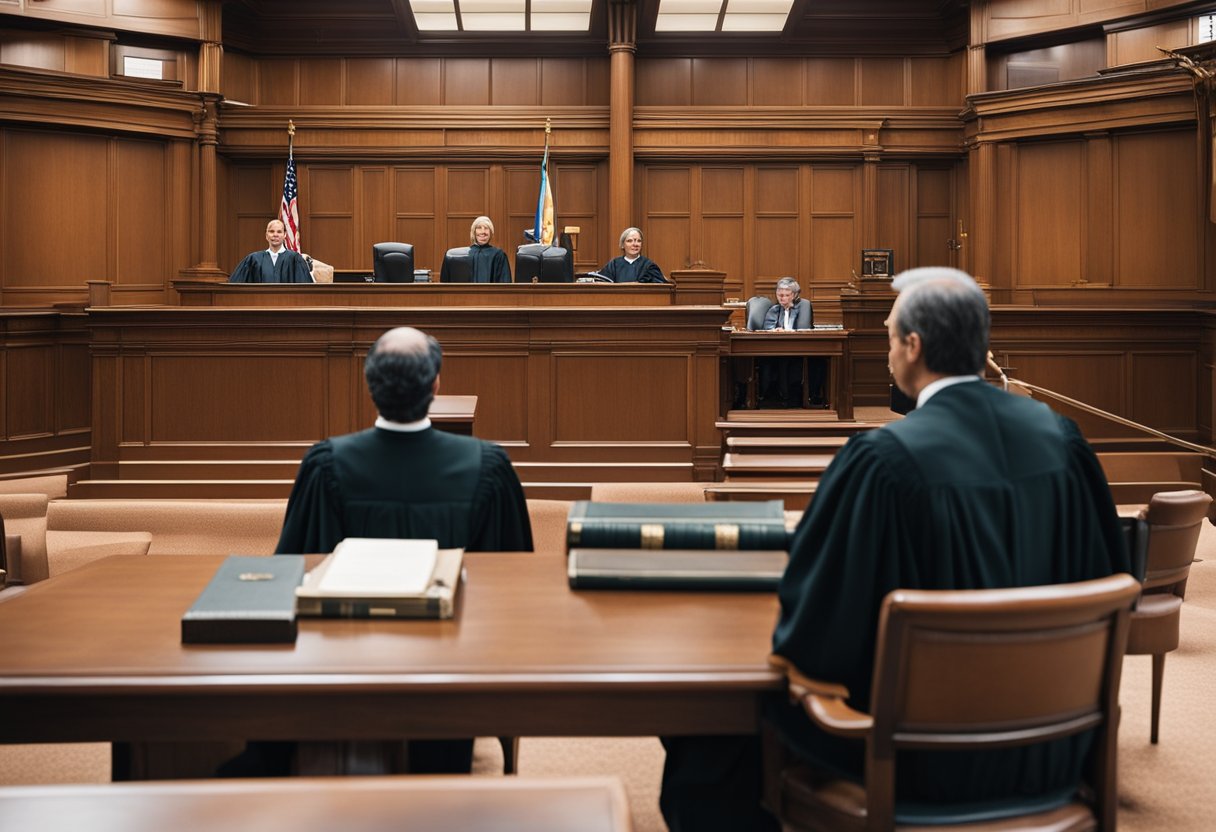 A courtroom with a judge and lawyers discussing credit repair legality in different states. No humans or body parts visible