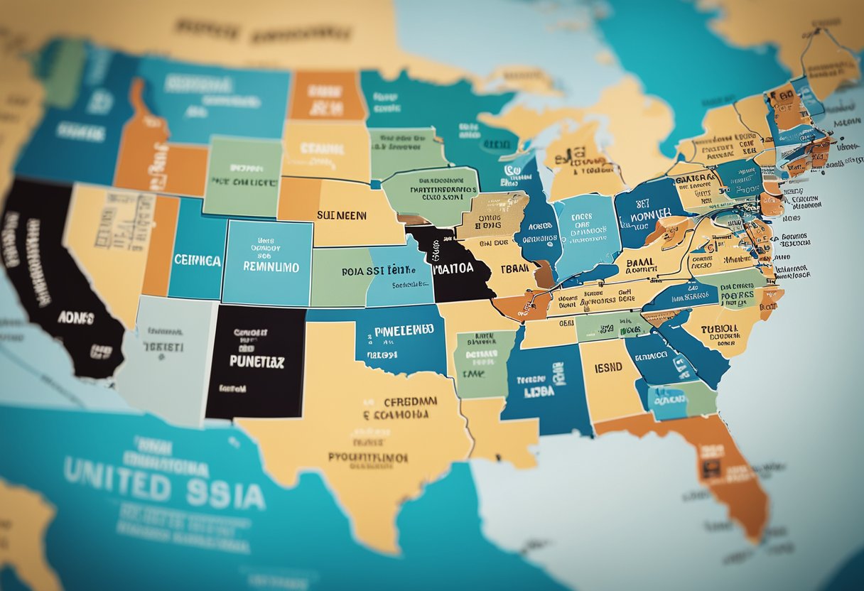 A map of the United States with specific states highlighted in different colors, representing where credit repair is illegal