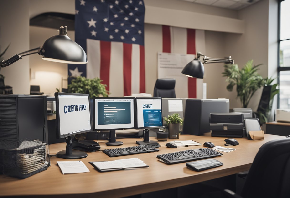 A credit repair company's office with a sign listing states where credit repair is illegal. Computers and paperwork are scattered on desks