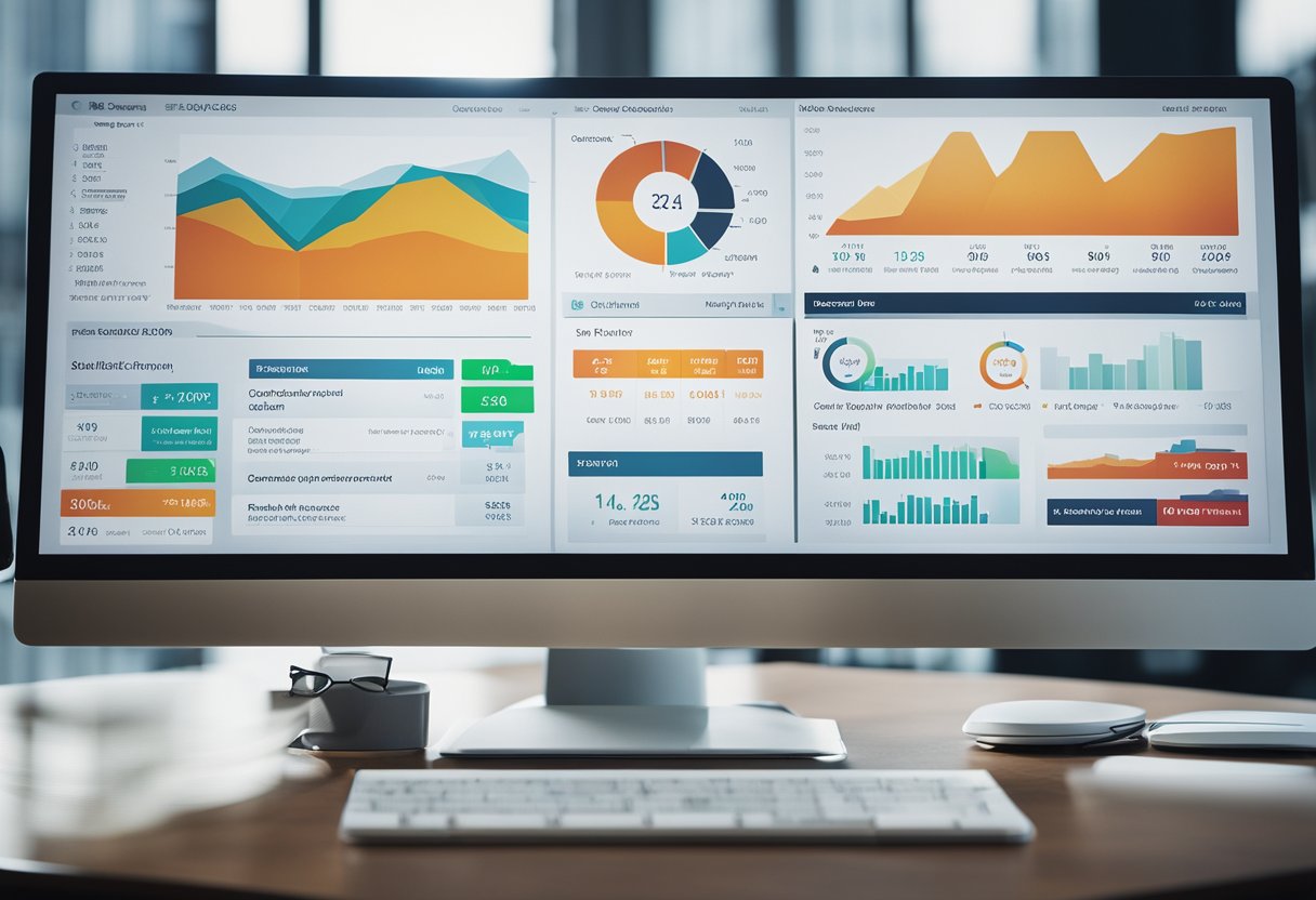 A computer screen displays a dashboard of credit repair software, with graphs and charts showing progress and improvement