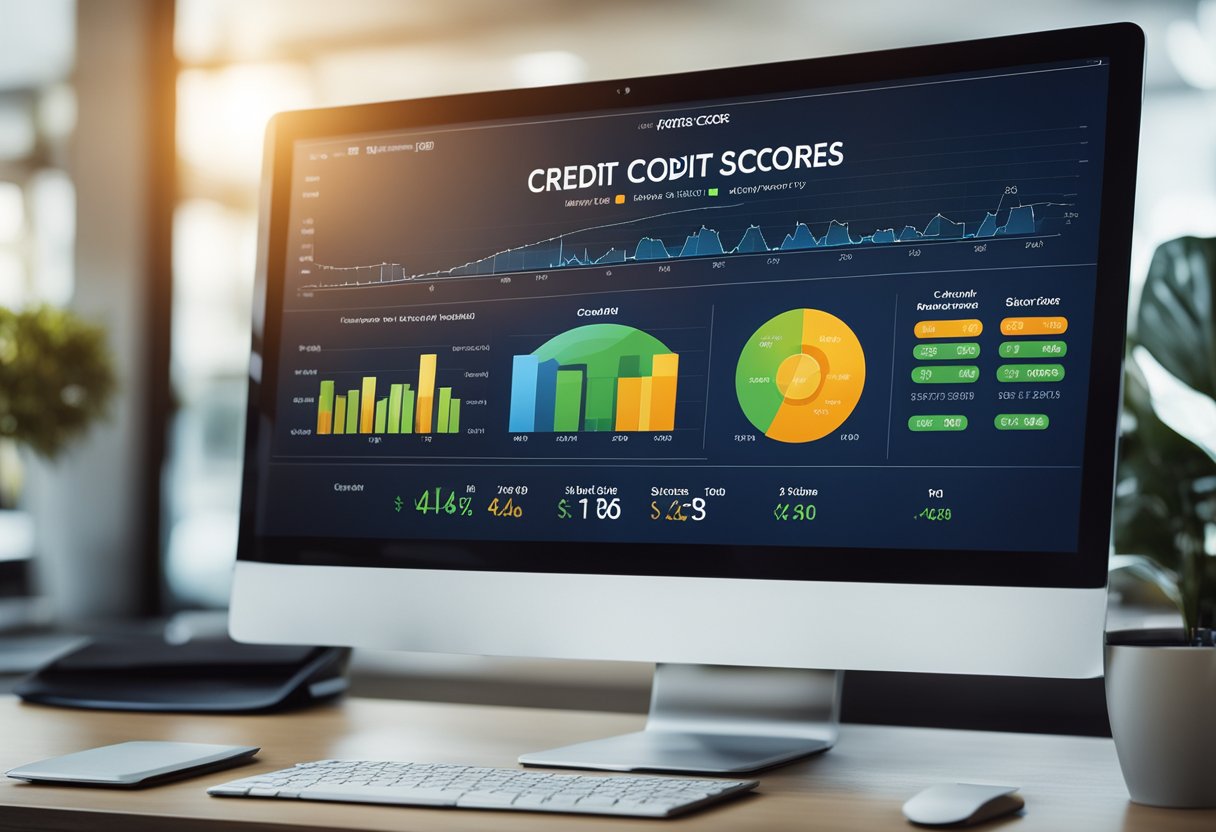 A computer screen displaying a credit monitoring and improvement software interface with graphs and charts showing credit scores and progress