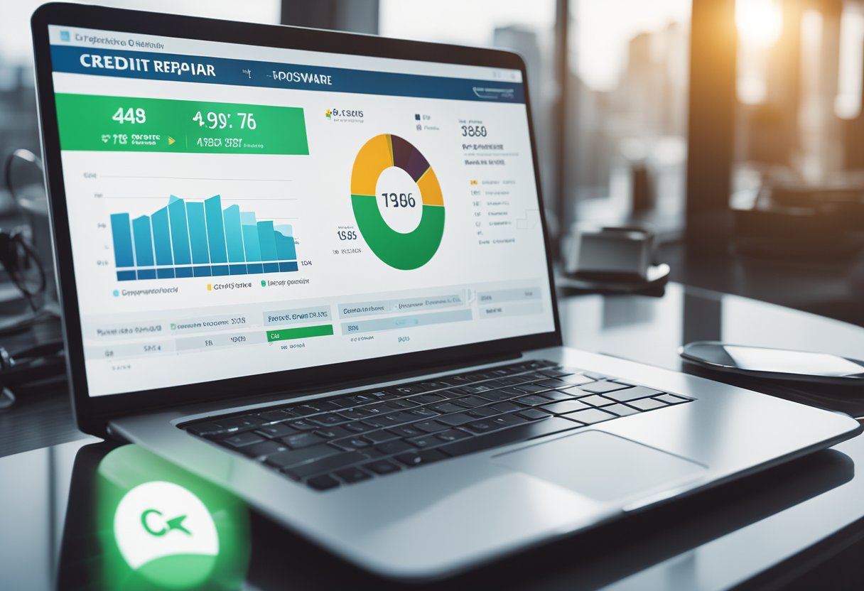 Credit repair software logo on a computer screen with a progress bar showing improvement. Graphs and charts display positive results