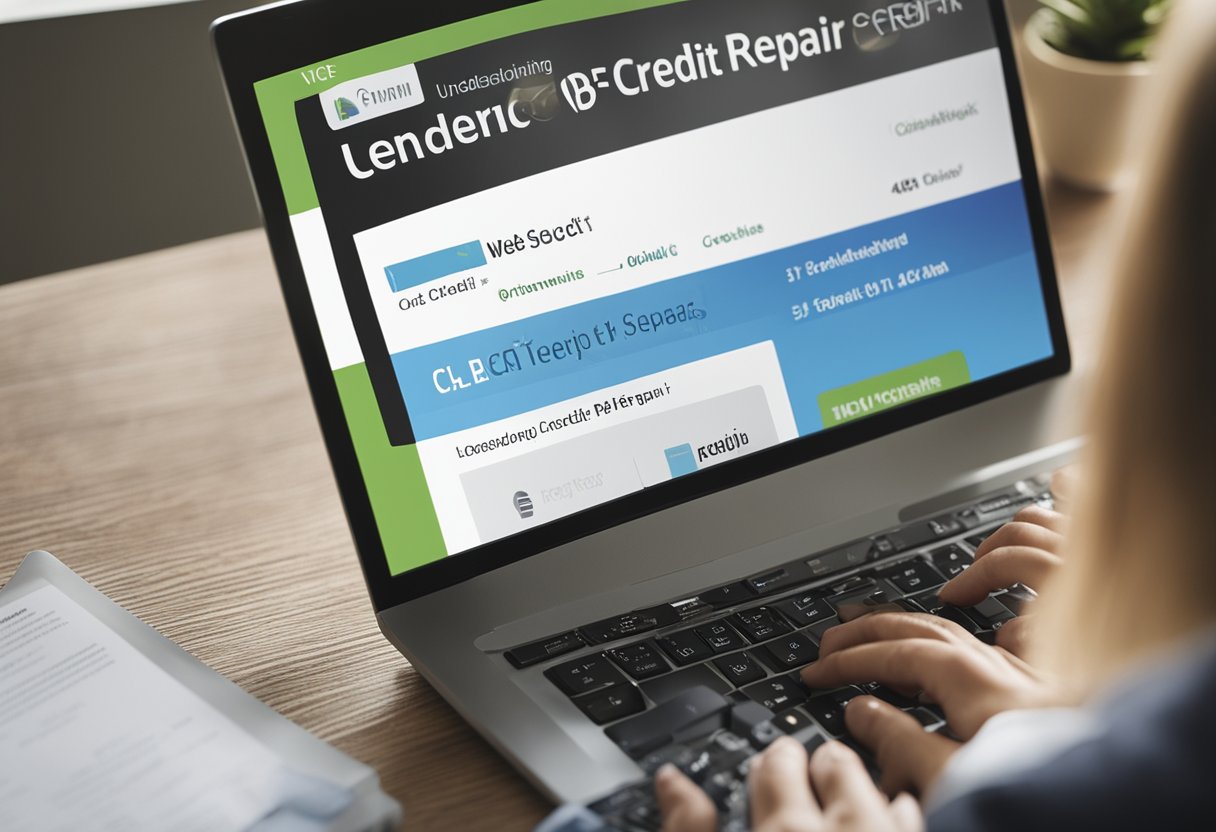 A computer screen displaying a website with the words "Understanding Credit Repair" and "Online Credit Repair" prominently featured