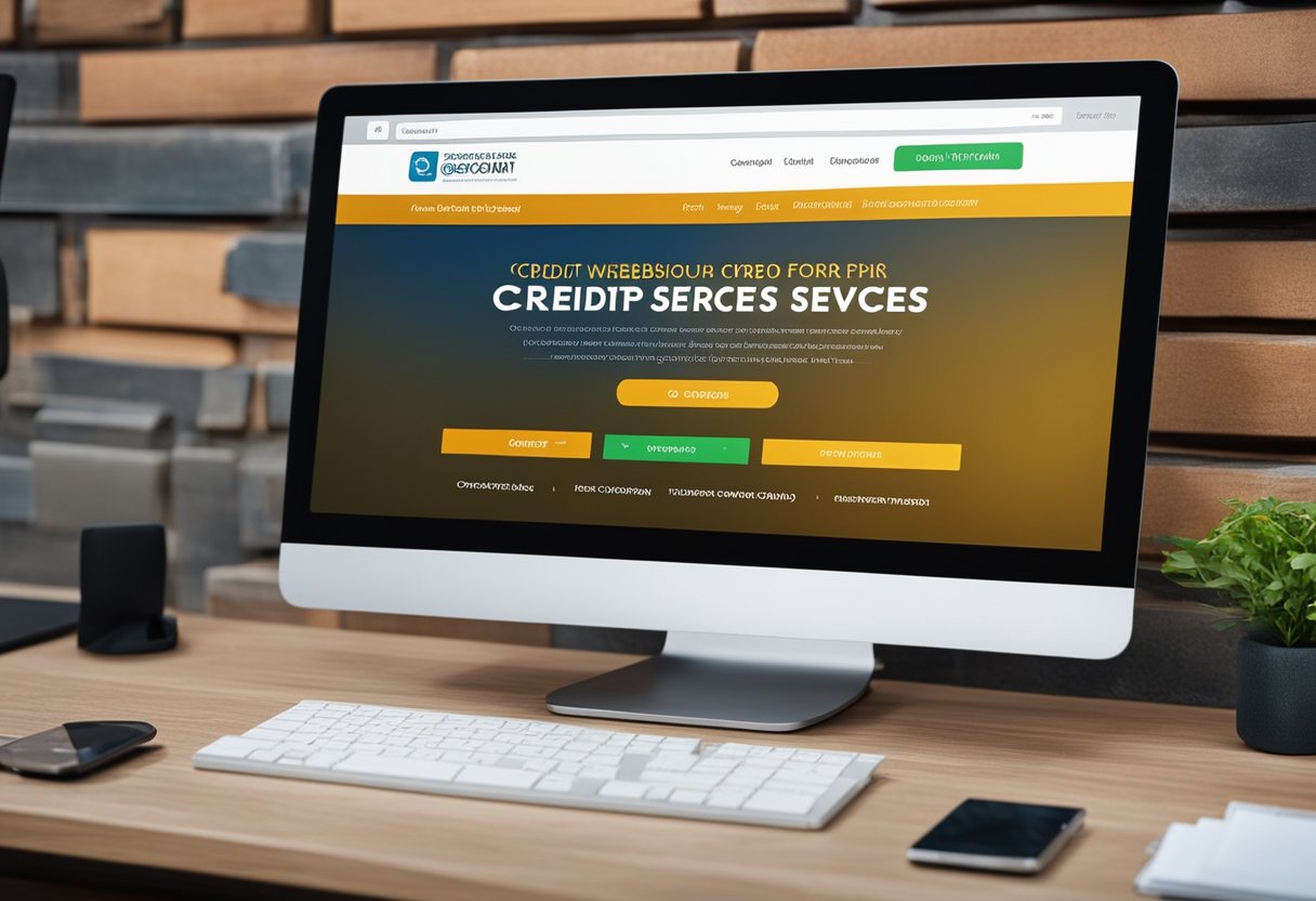 A computer screen displaying a website for credit repair services. A cursor clicks through various options and forms, navigating the online platform