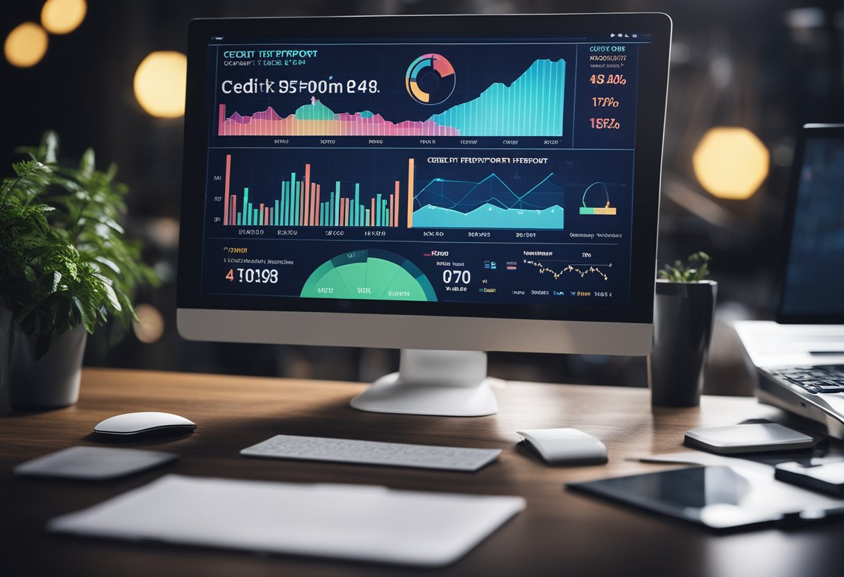 A computer screen displaying a credit report with positive changes highlighted, surrounded by financial graphs and charts