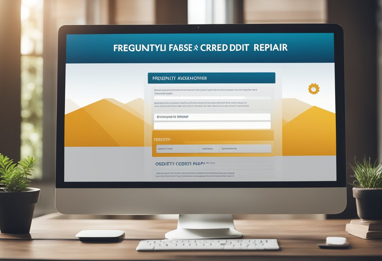 A computer screen displaying a webpage titled "Frequently Asked Questions" about online credit repair, with a list of questions and answers
