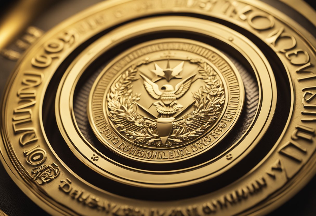 A shining golden seal with the words "Dovly" inscribed on it, surrounded by a circle of trust and legitimacy symbols