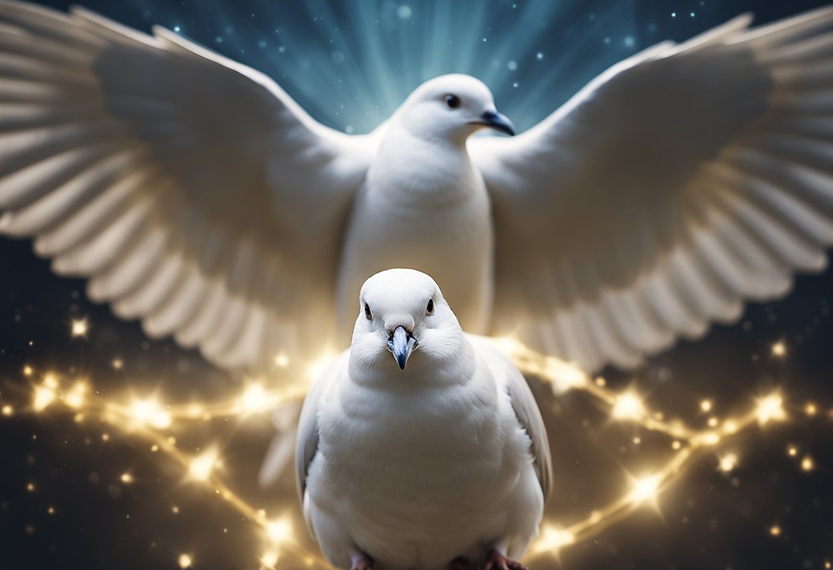 A dove with a halo, surrounded by glowing light, symbolizing trust and legitimacy