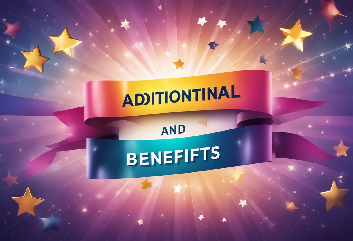 A colorful banner with "Additional Features and Benefits" text, surrounded by checkmarks and stars, stands out against a clean, modern background