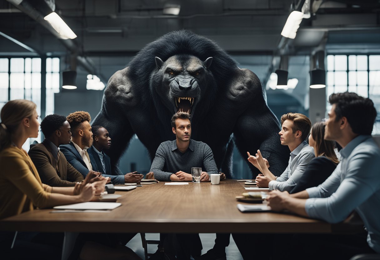 A group of people are gathered around a table, discussing and evaluating user experience while a large, menacing beast looms in the background