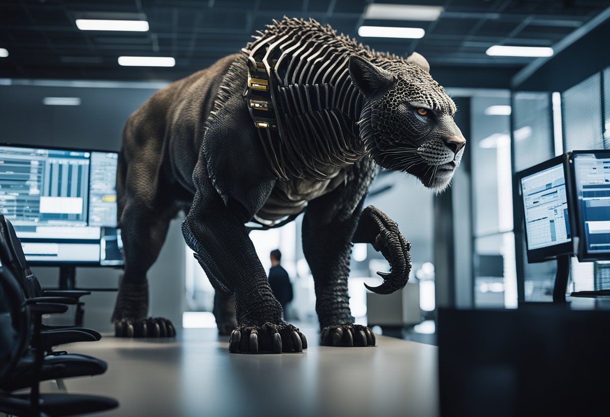 A towering beast looms over a security system, its sharp claws poised to strike. Technical equipment hums in the background, highlighting the tension between technology and the primal threat